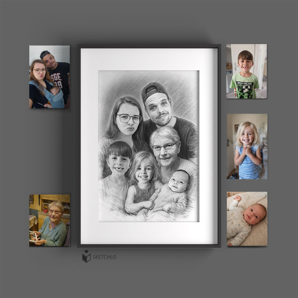 Portrait Skizze mit Kundenfotos als Vorlage für ein handgezeichnetes Bild