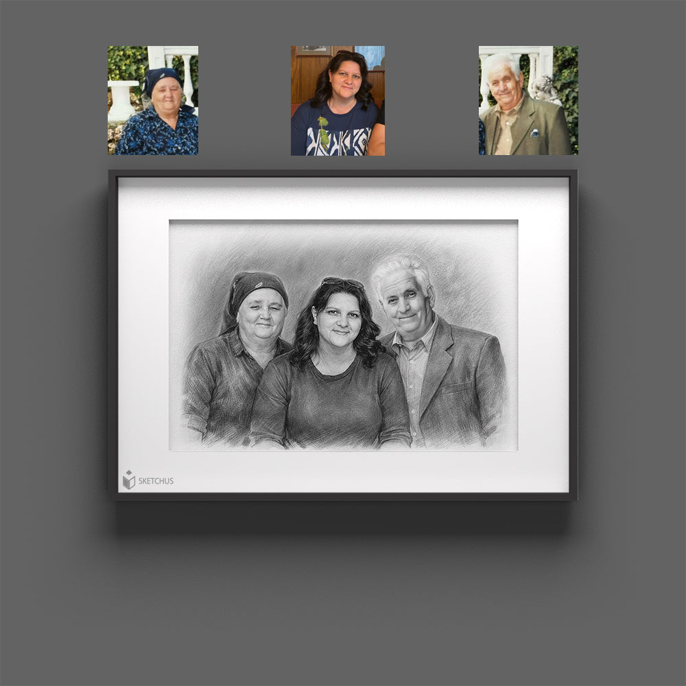 Familienportrait vom Foto als handgezeichnetes Poster für Zuhause