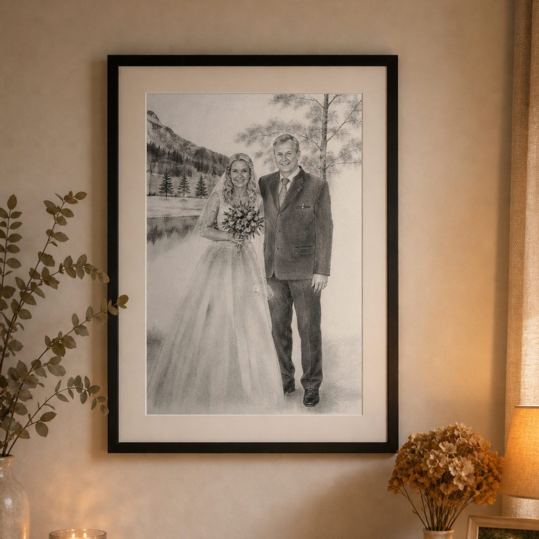 Portrait vom Foto als persönliches Wandbild, handgezeichnet von Sketchus