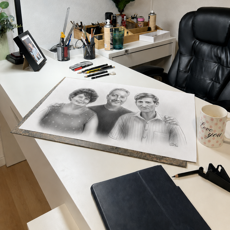 Handgezeichnetes Familienbild aus verschiedenen Fotovorlagen