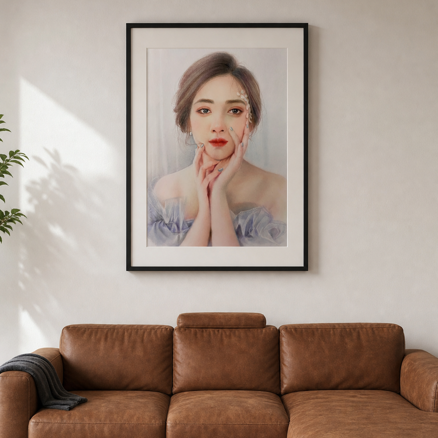 Familienportrait im Wohnzimmer - handgezeichnete Erinnerung für Zuhause