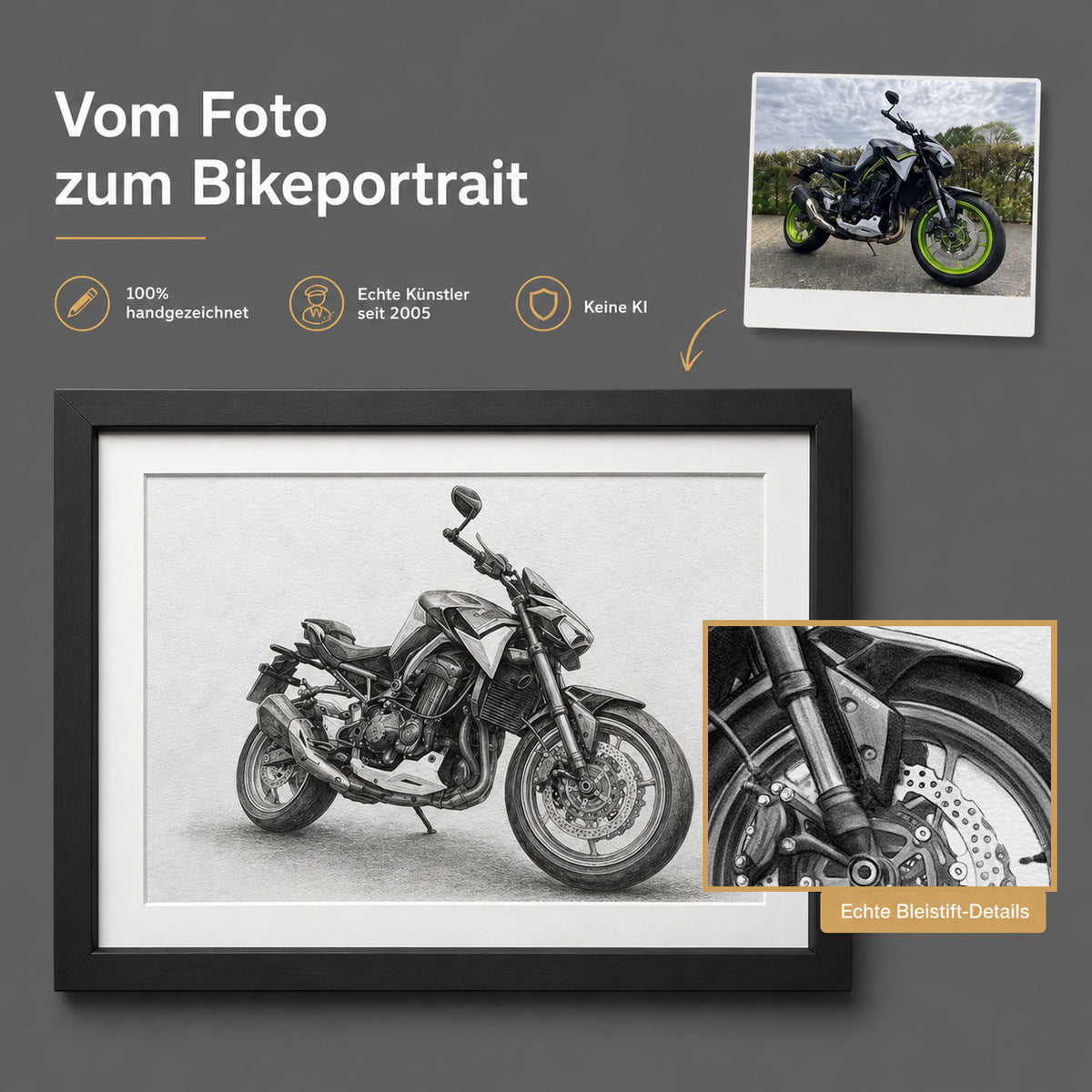 Handgezeichnetes Motorradportrait vom Foto von echten Sketchus Künstlern