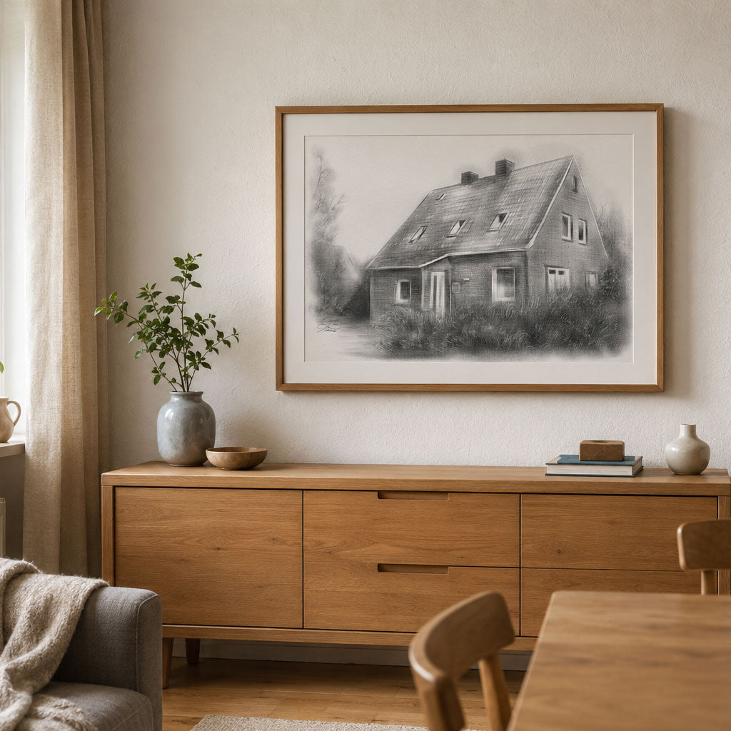 Hausportrait vom Foto, von echten Künstlern handgezeichnet und als persönliches Geschenk