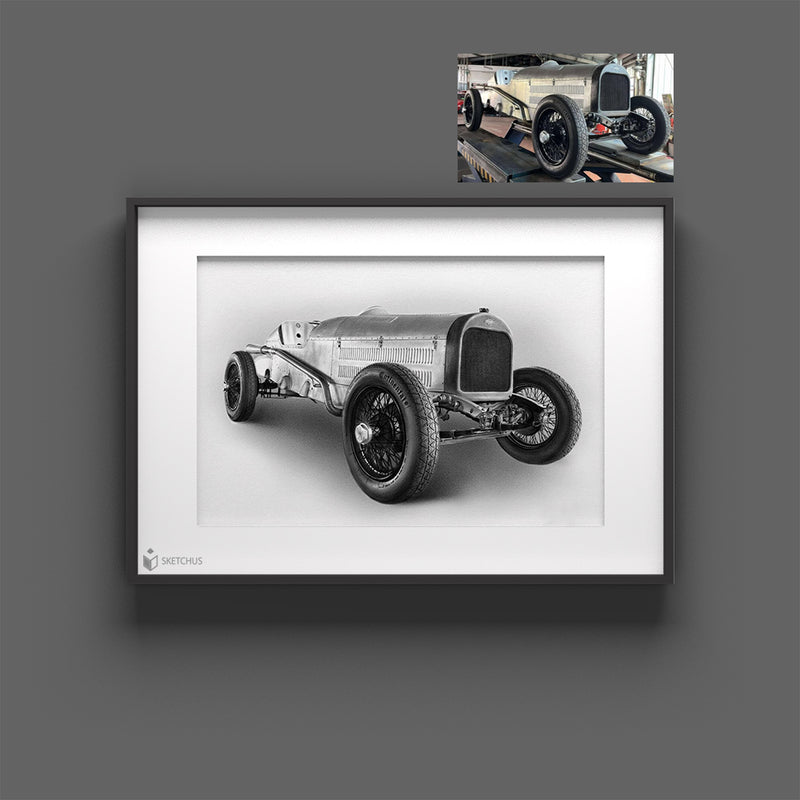 Oldtimer zeichnen lassen als klassisches Autoportrait in Bleistift
