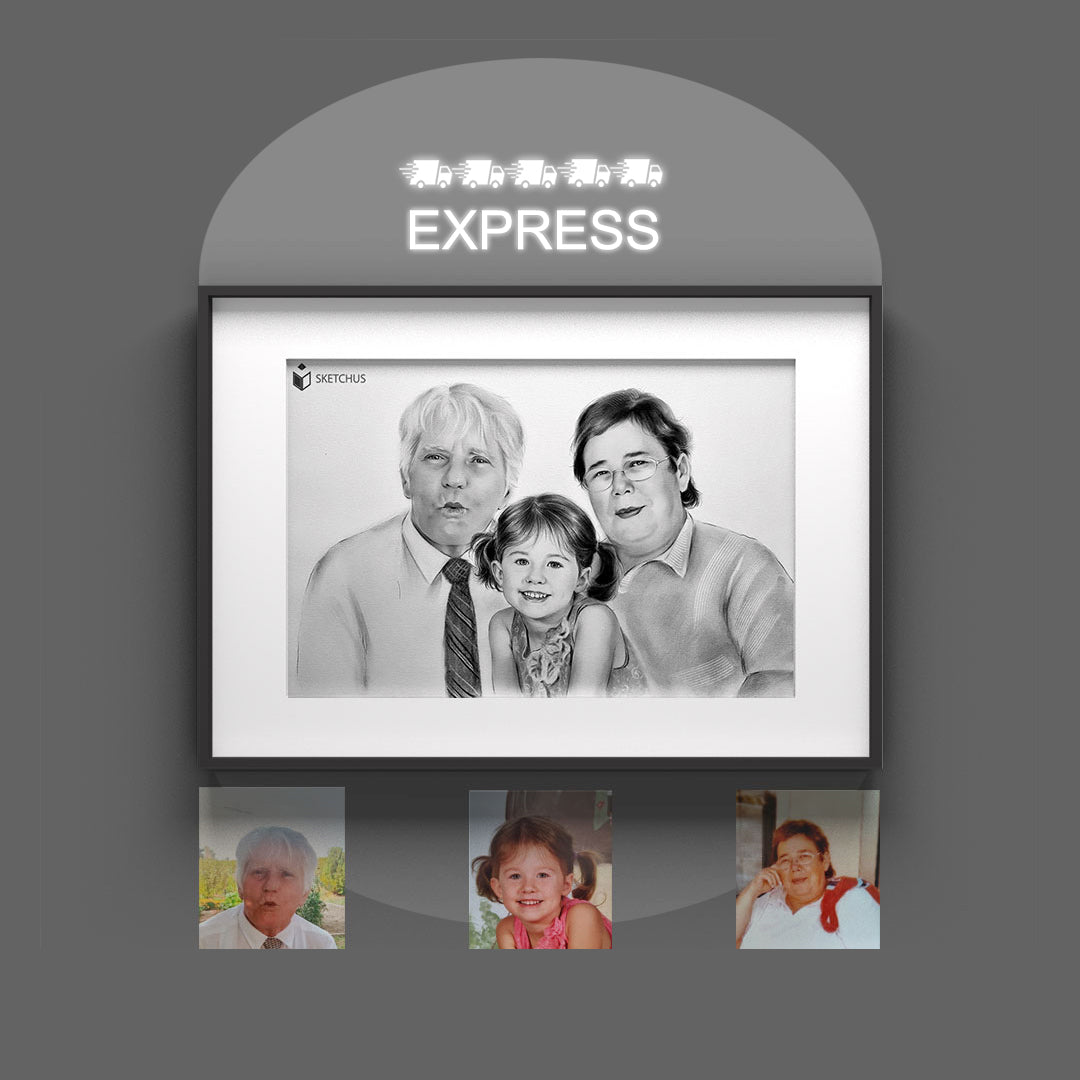 Family portrait of grandparents with a grandchild and three reference photos