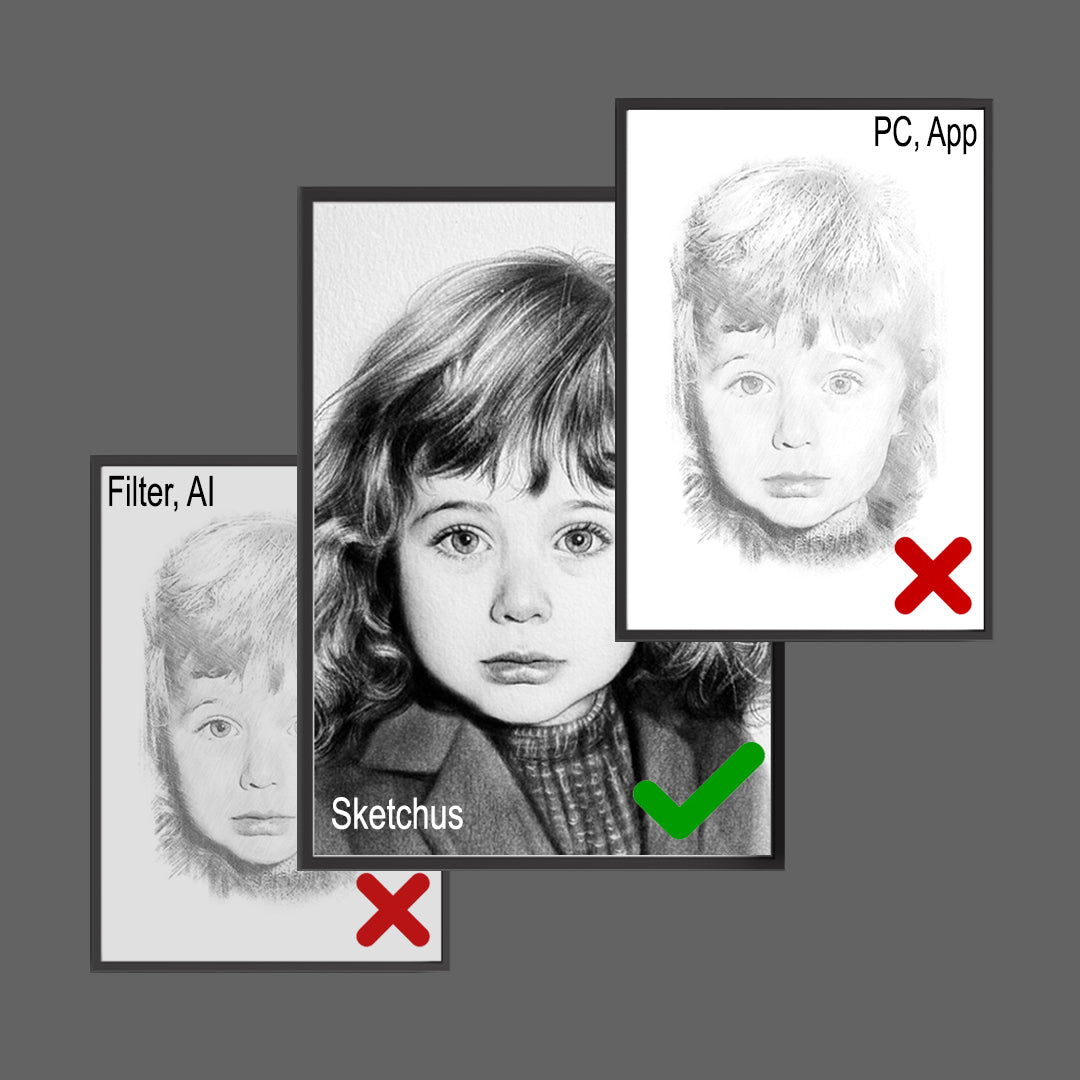 Hand-drawn child portrait beside two digitally processed images