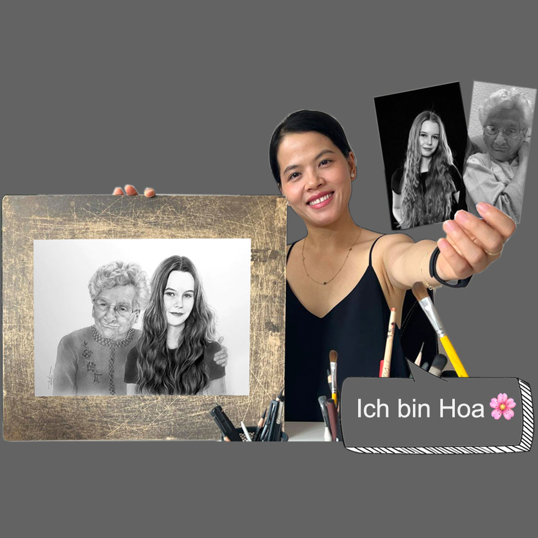 Hoa Tran with a portrait drawing and two reference photos