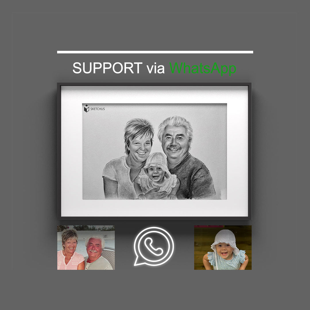 Family portrait with grandparents and a baby, reference photos and a WhatsApp symbol