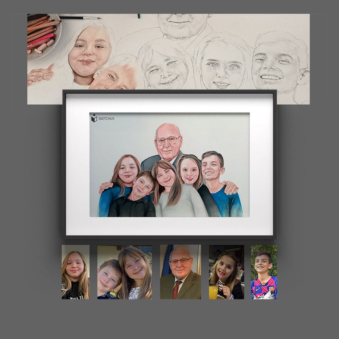 Colour family portrait with drawing stages and individual reference photos