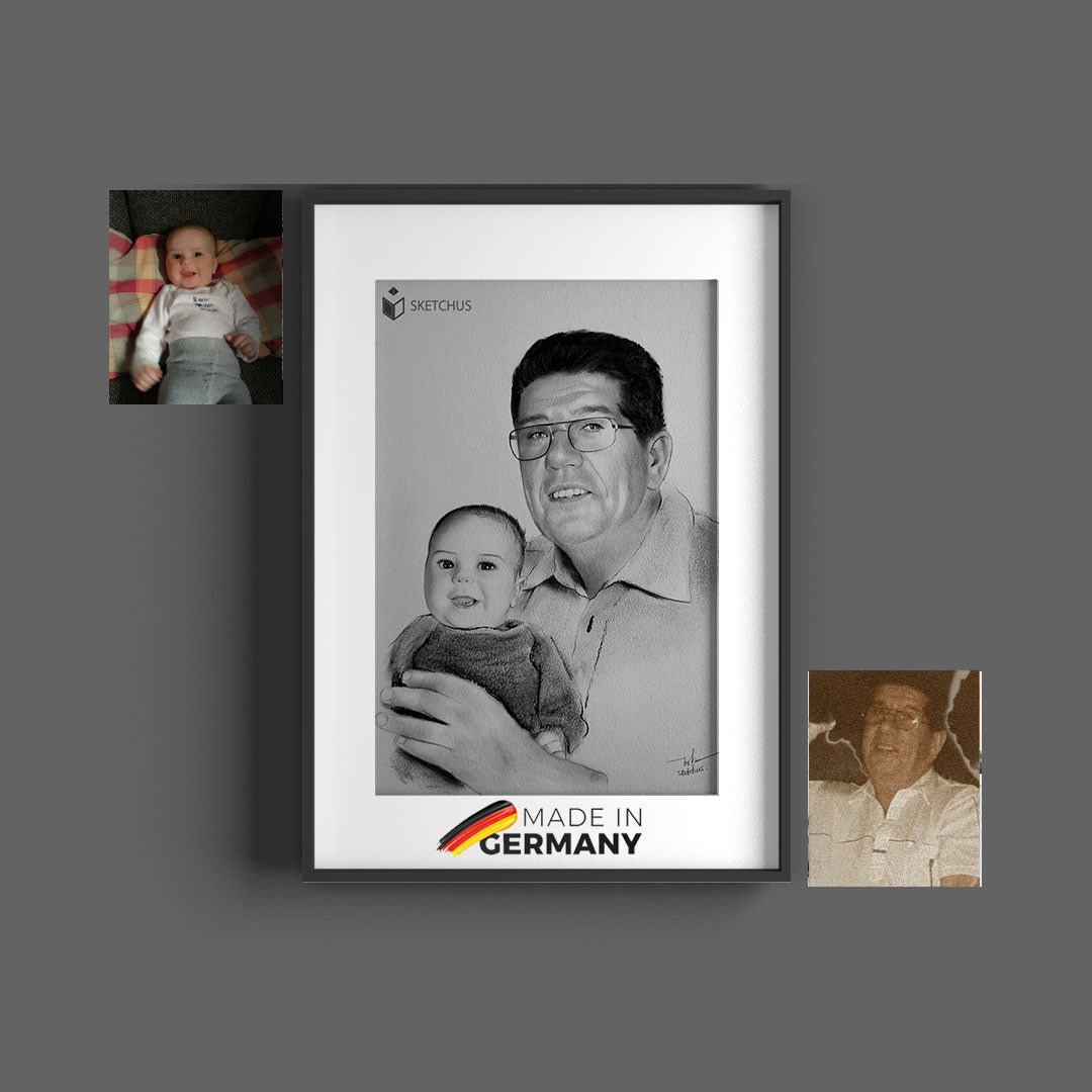 Portrait of a man with a baby and two reference photos
