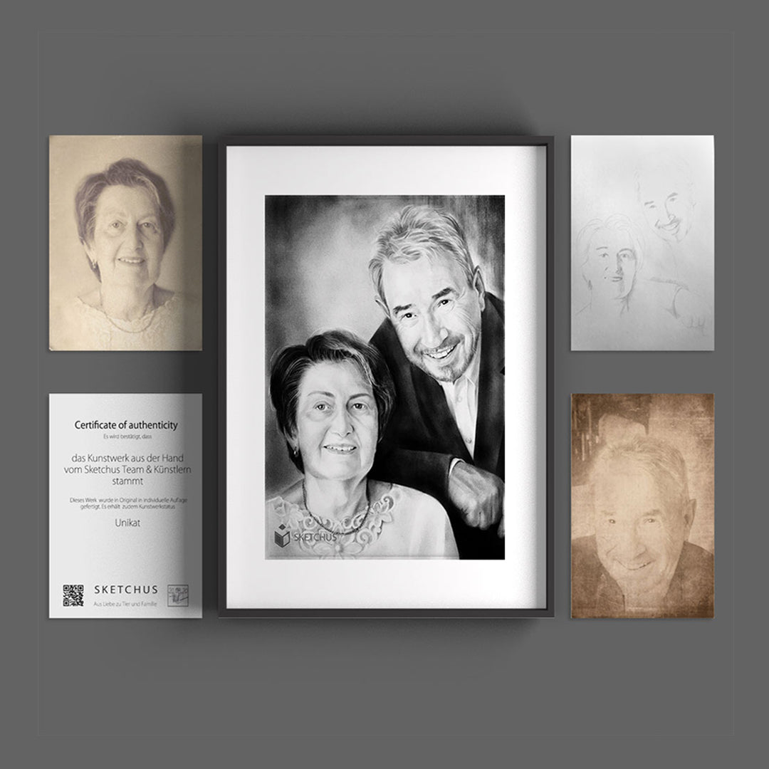 Pencil portrait of a couple with older photos, a sketch and a certificate of authenticity