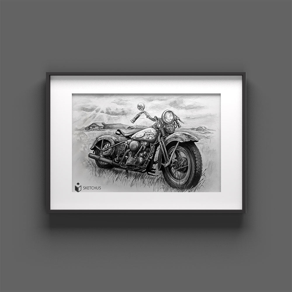 Motorrad mit Fahrer als individuelles handgezeichnetes Portrait