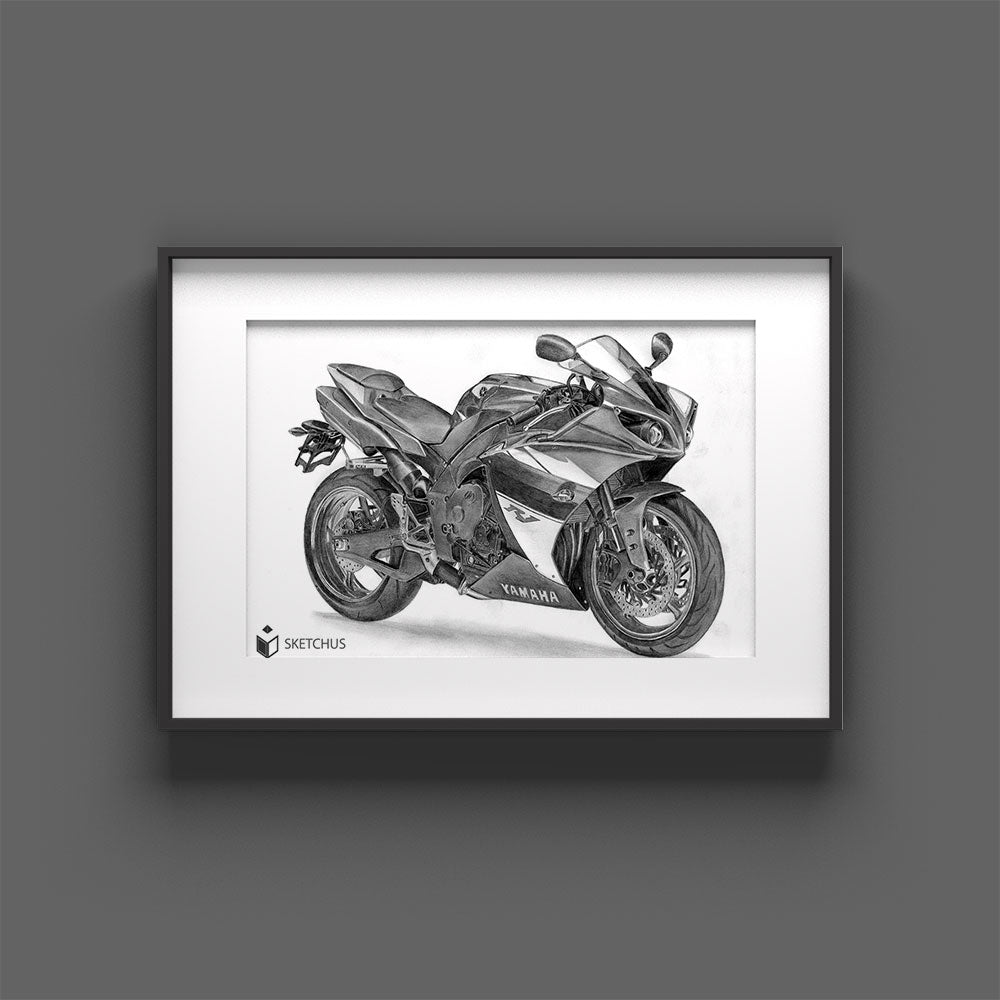 Detailreiche Motorradzeichnung von Hand nach Fotovorlage zeichnen lassen